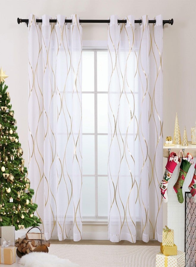 L.Z.E White and Gold Christmas Sheer Curtains 84 Inches Long 2 Panels Set, Gold Foil Printed Sheer Curtains for Living Room Dining Room, Light Filtering Grommet Window Drapes with Wave Patterns - Image 1